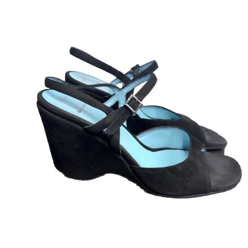 THIERRY RABOTIN Black Suede Leather Slingback Wedge Sandals Size 38/ 8